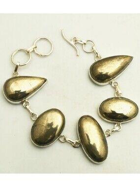 Apache Gold Pyrite Gemstone 925 Sterling Silver Handmade Toggle Bracelet